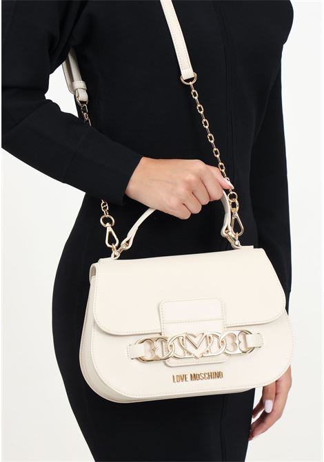 Ivory women's handbag with decorative chain loop with hearts and logo LOVE MOSCHINO | JC4038PP1LLF0110